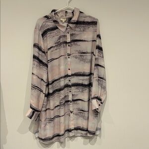 Striped Pastel Button-Up Tunic Top - Pink/Gray